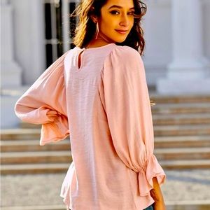 Solid Keyhole Back Flounce Sleeve Blouse